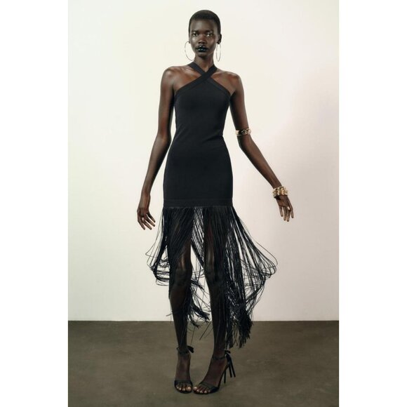 ZARA STRETCH LONG DRESS WITH FRINGING - Picture 1 of 12